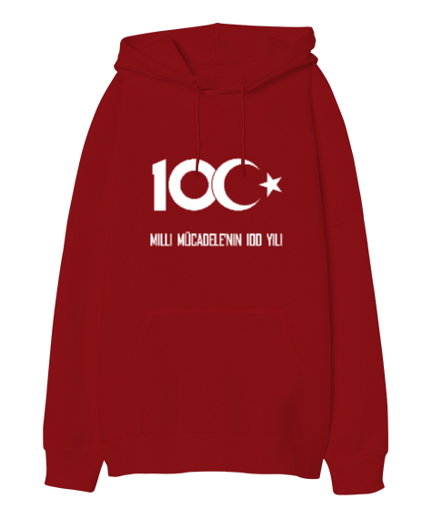 Tisho - Türkiye,Türkiye bayrağı,milli mücadelenin 100.yılı. Kırmızı Oversize Unisex Kapüşonlu Sweatshirt