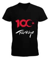 Türkiye,Türkiye bayrağı,milli mücadelenin 100.yılı. Siyah Erkek Kısa Kol V Yaka Tişört - Tisho