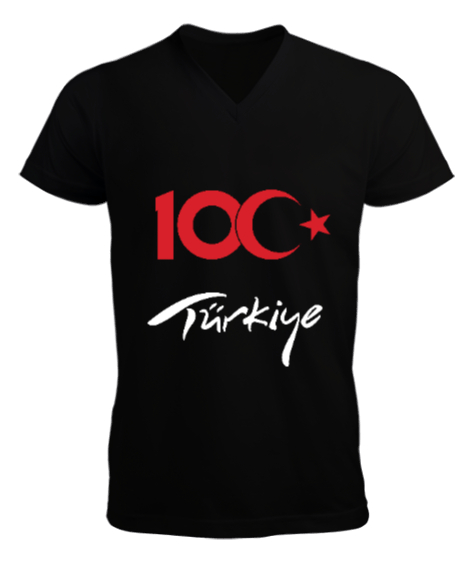 Tisho - Türkiye,Türkiye bayrağı,milli mücadelenin 100.yılı. Siyah Erkek Kısa Kol V Yaka Tişört