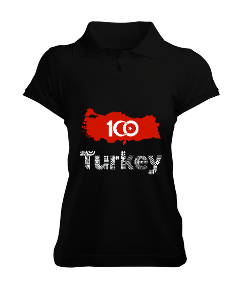 Tisho - Türkiye,Türkiye bayrağı,milli mücadelenin 100.yılı. Siyah Kadın Polo Yaka Tişört