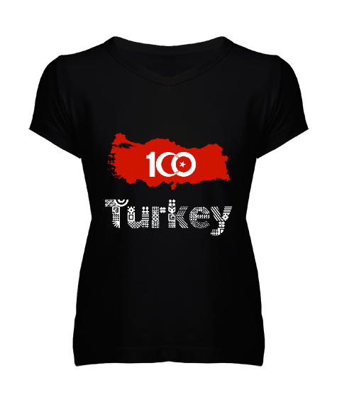 Tisho - Türkiye,Türkiye bayrağı,milli mücadelenin 100.yılı. Siyah Kadın V Yaka Tişört