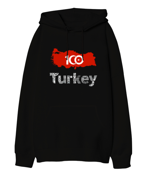 Tisho - Türkiye,Türkiye bayrağı,milli mücadelenin 100.yılı. Siyah Oversize Unisex Kapüşonlu Sweatshirt