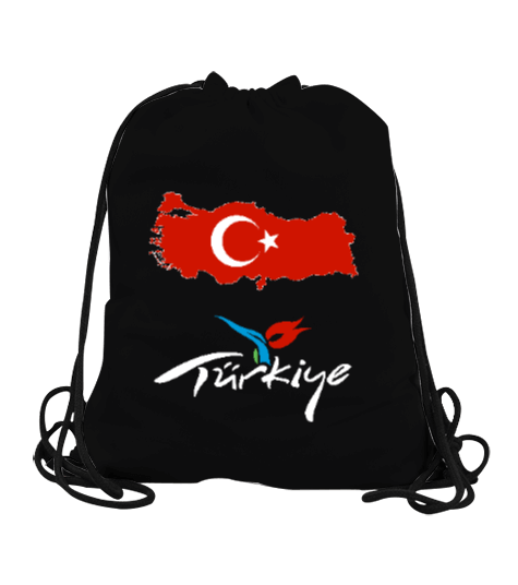 Tisho - Türkiye,Türkiye bayrağı,Türkiye Haritası. Siyah Büzgülü Spor Çanta