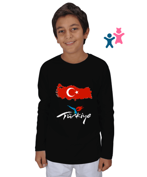 Tisho - Türkiye,Türkiye bayrağı,Türkiye Haritası. Siyah Çocuk Unisex Uzunkollu