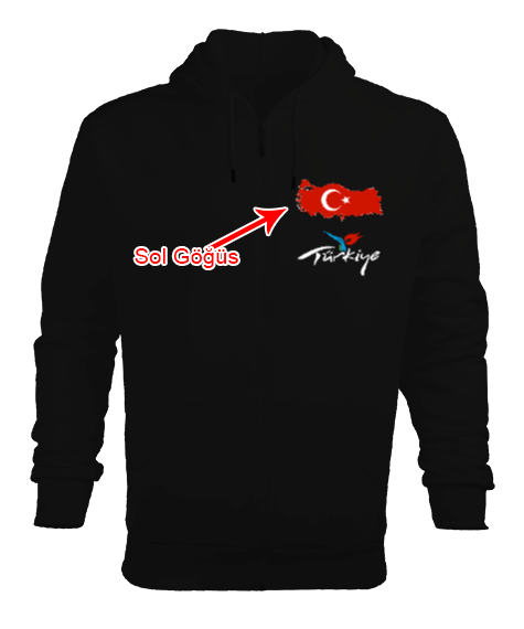 Tisho - Türkiye,Türkiye bayrağı,Türkiye Haritası. Siyah Erkek Kapşonlu Fermuarlı