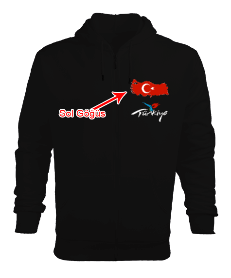 Türkiye,Türkiye bayrağı,Türkiye Haritası. Siyah Erkek Kapşonlu Fermuarlı - Tisho