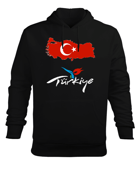 Tisho - Türkiye,Türkiye bayrağı,Türkiye Haritası. Siyah Erkek Kapüşonlu Hoodie Sweatshirt