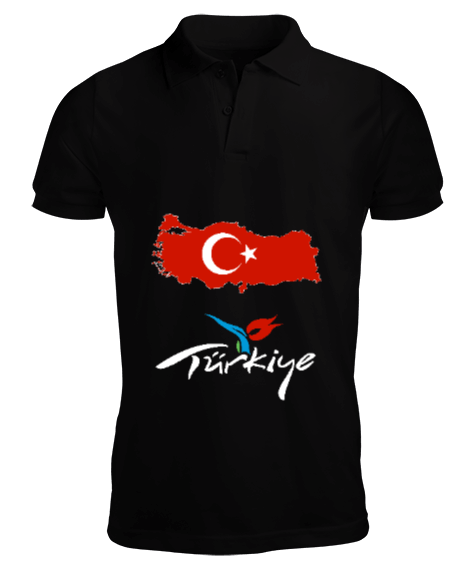 Tisho - Türkiye,Türkiye bayrağı,Türkiye Haritası. Siyah Erkek Kısa Kol Polo Yaka