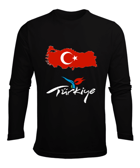 Tisho - Türkiye,Türkiye bayrağı,Türkiye Haritası. Siyah Erkek Uzun Kol Yazlık Tişört