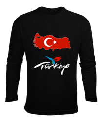 Türkiye,Türkiye bayrağı,Türkiye Haritası. Siyah Erkek Uzun Kol Yazlık Tişört - Tisho
