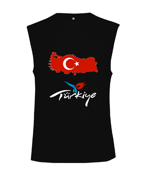 Tisho - Türkiye,Türkiye bayrağı,Türkiye Haritası. Siyah Kesik Kol Unisex Tişört