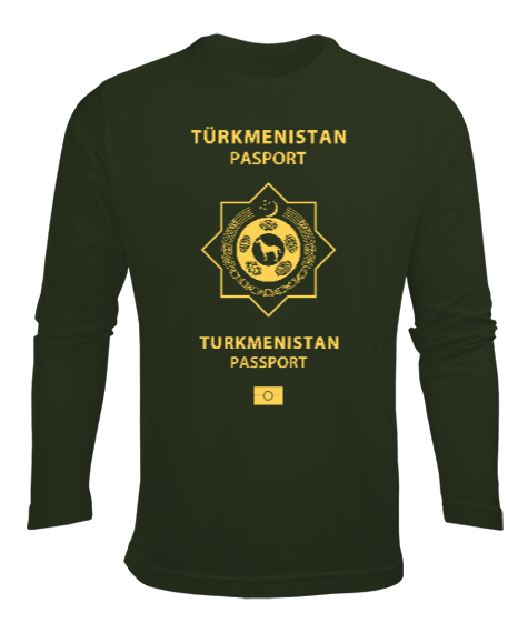 Tisho - Türkmenistan,Turkmenistan,Türkmenistan Bayrağı,Türkmenistan logosu,Turkmenistan flag. Haki Yeşili Erkek Uzun Kol Yazlık Tişört