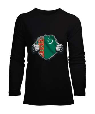 Türkmenistan,Turkmenistan,Türkmenistan Bayrağı,Türkmenistan logosu,Turkmenistan flag. Siyah Kadın Uzun Kol Tişört - Tisho