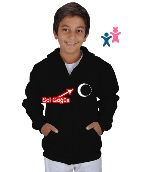 Tisho - Türkmenli,Türkmen bayrağı,Göktürk,Türkiye. Siyah Çocuk Kapüşonlu Hoodie Fermuarlı