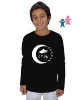 Türkmenli,Türkmen bayrağı,Göktürk,Türkiye. Siyah Çocuk Unisex Uzunkollu - Tisho