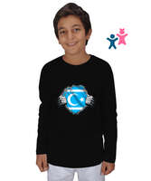 Türkmenli,Türkmen bayrağı,Göktürk,Türkiye. Siyah Çocuk Unisex Uzunkollu - Tisho