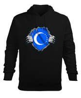 Türkmenli,Türkmen bayrağı,Göktürk,Türkiye. Siyah Erkek Kapüşonlu Hoodie Sweatshirt - Tisho