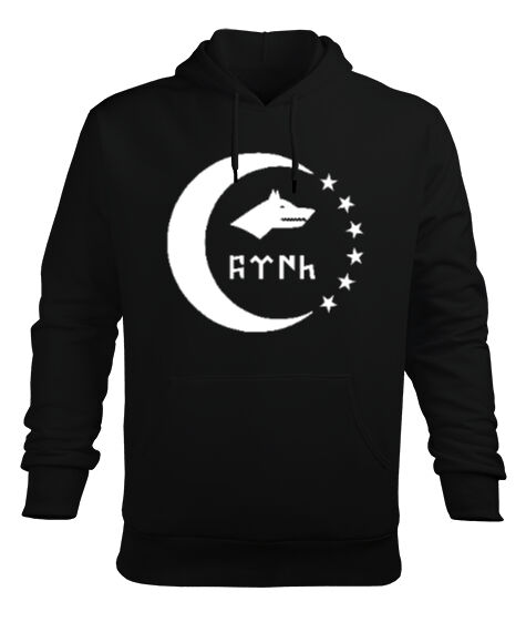Türkmenli,Türkmen bayrağı,Göktürk,Türkiye. Siyah Erkek Kapüşonlu Hoodie Sweatshirt - Tisho