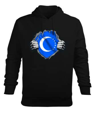 Türkmenli,Türkmen bayrağı,Göktürk,Türkiye. Siyah Erkek Kapüşonlu Hoodie Sweatshirt - Tisho