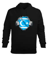 Türkmenli,Türkmen bayrağı,Göktürk,Türkiye. Siyah Erkek Kapüşonlu Hoodie Sweatshirt - Tisho