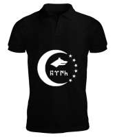 Türkmenli,Türkmen bayrağı,Göktürk,Türkiye. Siyah Erkek Kısa Kol Polo Yaka - Tisho
