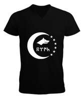 Türkmenli,Türkmen bayrağı,Göktürk,Türkiye. Siyah Erkek Kısa Kol V Yaka Tişört - Tisho