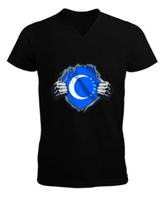 Türkmenli,Türkmen bayrağı,Göktürk,Türkiye. Siyah Erkek Kısa Kol V Yaka Tişört - Tisho