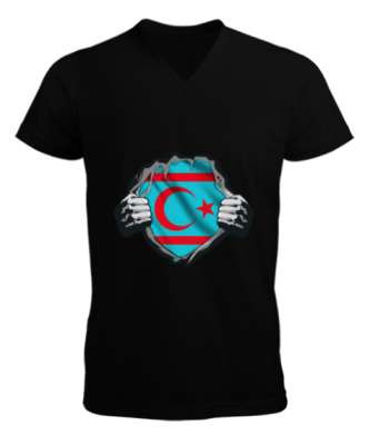 Türkmenli,Türkmen bayrağı,Göktürk,Türkiye. Siyah Erkek Kısa Kol V Yaka Tişört - Tisho