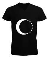 Türkmenli,Türkmen bayrağı,Göktürk,Türkiye. Siyah Erkek Kısa Kol V Yaka Tişört - Tisho