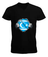 Türkmenli,Türkmen bayrağı,Göktürk,Türkiye. Siyah Erkek Kısa Kol V Yaka Tişört - Tisho
