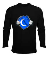 Türkmenli,Türkmen bayrağı,Göktürk,Türkiye. Siyah Erkek Uzun Kol Yazlık Tişört - Tisho