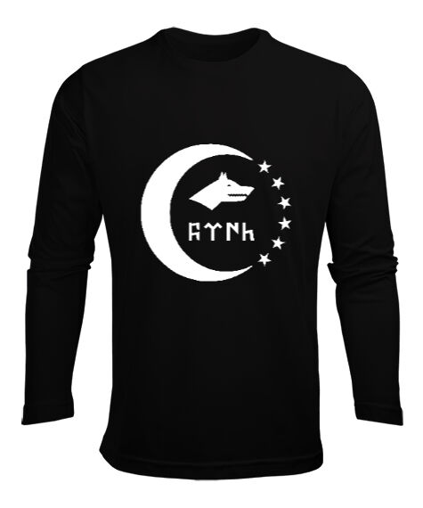 Tisho - Türkmenli,Türkmen bayrağı,Göktürk,Türkiye. Siyah Erkek Uzun Kol Yazlık Tişört