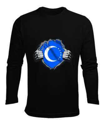 Türkmenli,Türkmen bayrağı,Göktürk,Türkiye. Siyah Erkek Uzun Kol Yazlık Tişört - Tisho