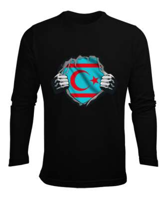 Türkmenli,Türkmen bayrağı,Göktürk,Türkiye. Siyah Erkek Uzun Kol Yazlık Tişört - Tisho