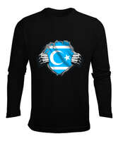 Türkmenli,Türkmen bayrağı,Göktürk,Türkiye. Siyah Erkek Uzun Kol Yazlık Tişört - Tisho