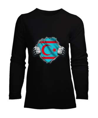 Türkmenli,Türkmen bayrağı,Göktürk,Türkiye. Siyah Kadın Uzun Kol Tişört - Tisho