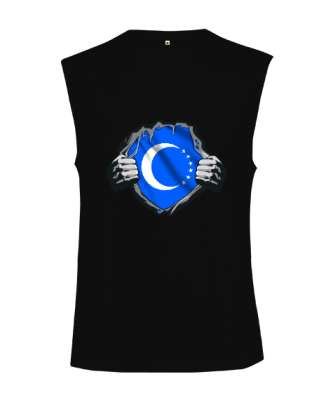 Türkmenli,Türkmen bayrağı,Göktürk,Türkiye. Siyah Kesik Kol Unisex Tişört - Tisho