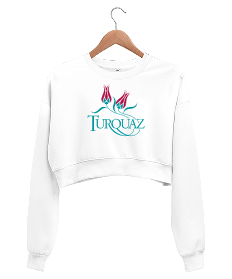 Tisho - Turkuaz - Lale Beyaz Kadın Crop Sweatshirt