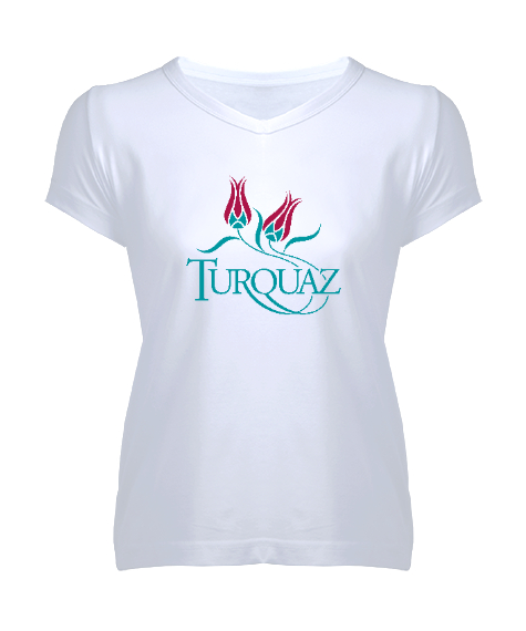 Tisho - Turkuaz - Lale Beyaz Kadın V Yaka Tişört