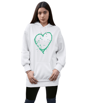 turkuaz yeşil kalp tasarımlı Kadın Uzun Hoodie Kapüşonlu Sweatshirt - Thumbnail