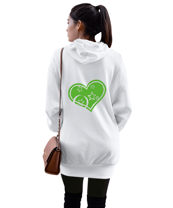turkuaz yeşil kalp tasarımlı Kadın Uzun Hoodie Kapüşonlu Sweatshirt