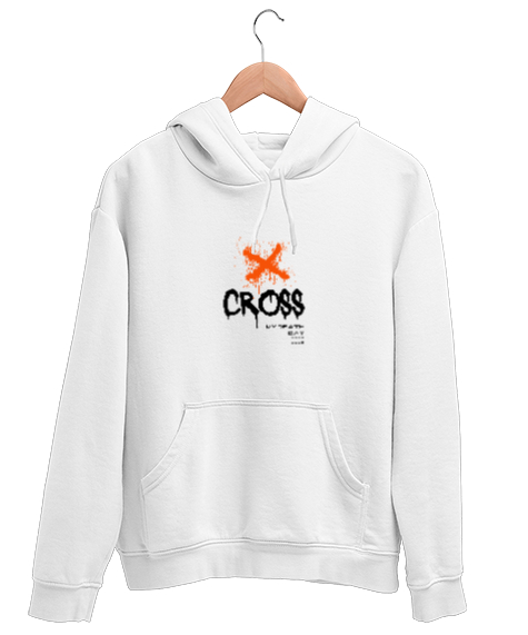 Tisho - Turuncu detaylı cross logolu Beyaz Unisex Kapşonlu Sweatshirt