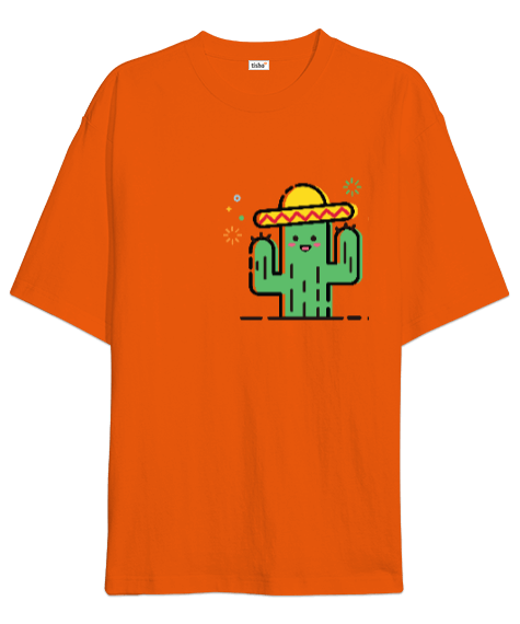 Tisho - Turuncu renk kısa kollu kaktüs desenli tişört Oversize Unisex Tişört