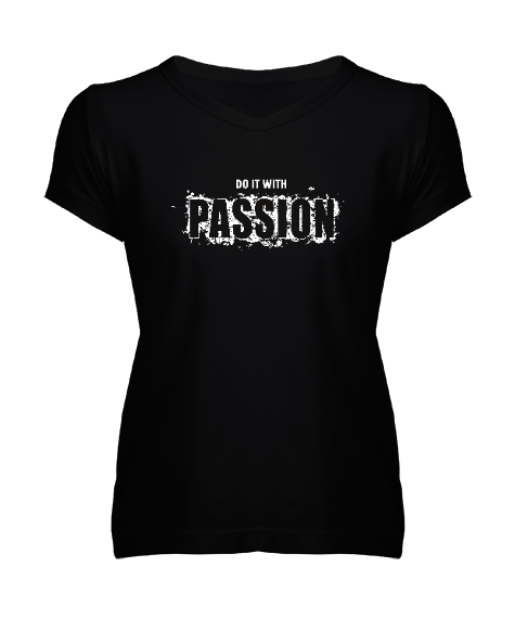 Tisho - Tutkuyla Yap - Slogan Siyah Kadın V Yaka Tişört