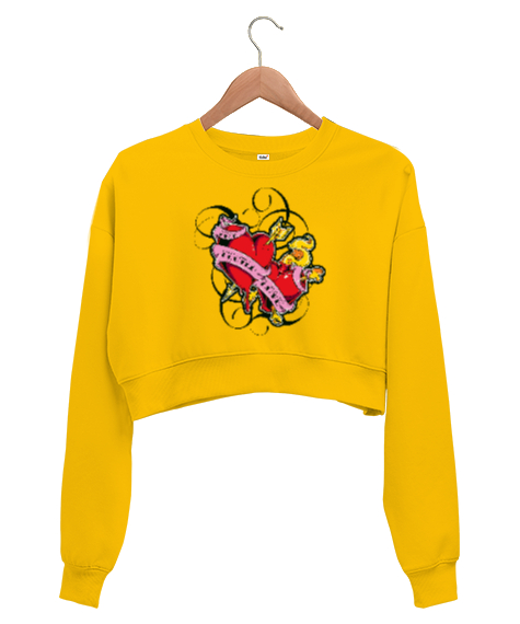 Tisho - TWİN HEART Sarı Kadın Crop Sweatshirt