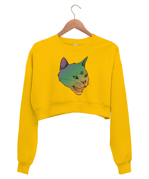 Tisho - Üç Gözlü Kedi Baskılı Kadın Crop Sweatshirt