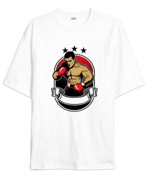 Tisho - Üç yıldız boksör baskılı Beyaz Oversize Unisex Tişört