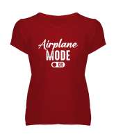 Uçak Modu Açık - Airplane Mode Kırmızı Kadın V Yaka Tişört - Tisho