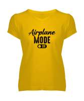 Uçak Modu Açık - Airplane Mode Sarı Kadın V Yaka Tişört - Tisho