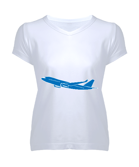 Tisho - uçak tasarımlı Kadın V Yaka Tişört